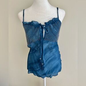 Mermaidcore Boho Blue Water/ Marble Print Beaded Blouse With Slits Small